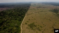 FILE - A deforested area is seen near Novo Progresso in Brazil's northern state of Para, Sept. 15, 2009. 