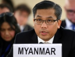 FILE - Myanmar's United Nations Ambassador Kyaw Moe Tun addresses the U.N. Human Rights Council in Geneva, Switzerland, March 11, 2019.