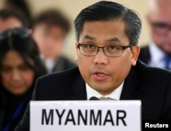 FILE - Myanmar's United Nations Ambassador Kyaw Moe Tun addresses the U.N. Human Rights Council in Geneva, Switzerland, March 11, 2019.