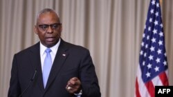 Міністр оборони США Ллойд Остін на базі "Рамштайн" 6 вересня 2024 року (Photo by Daniel ROLAND / AFP)