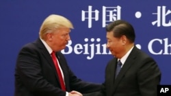 U.S. President Donald Trump and Chinese President Xi Jinping shake hands during a business event at the Great Hall of the People in Beijing, Nov. 9, 2017.