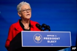 FILE - The Biden administration's appointee for national climate adviser, Gina McCarthy, speaks at The Queen Theater in Wilmington, Del., Dec. 19, 2020.