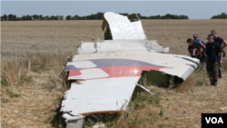 FILE - Investigators are seen at the MH17 crash site near Hrabovo, Donetsk region, eastern Ukraine, on July 28, 2014.