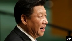 China's President Xi Jinping speaks during the 70th session of the United Nations General Assembly at its New York headquarters, Sept. 28, 2015.