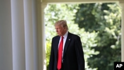 Tổng thống Trump đến Vườn Hồng Nhà Trắng để loan báo quyết định rút ra khỏi thỏa thuận khí hậu Paris ở Washington, ngày 1 tháng 6, 2017.