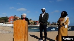 U.S. Treasury Secretary Janet Yellen gives a speech after she visited the House of Slaves (Maison des Esclaves) at Goree Island off the coast of Dakar, Senegal January 21, 2023.