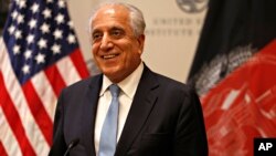 FILE - Special Representative for Afghanistan Reconciliation Zalmay Khalilzad speaks Feb. 8, 2019, at the U.S. Institute of Peace in Washington. Khalilzad had promised in March that he would look into the Taliban's demand to have sanctions on their senior leaders removed.