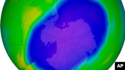 In this NASA false-color image, the blue and purple shows the hole in Earth's protective ozone layer over Antarctica on Oct. 5, 2022. 