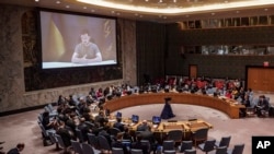 Ukraine President Volodymyr Zelenskyy addresses the United Nations Security Council by video, Sept. 27, 2022, at U.N. headquarters.