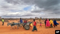 Mohamed Ahmed Diriye arrives with others to a displacement camp on the outskirts of Dollow, Somalia, Sept. 20, 2022.