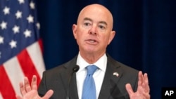 FILE - Homeland Security Secretary Alejandro Mayorkas speaks during a news conference at the State Department, Oct. 13, 2022.