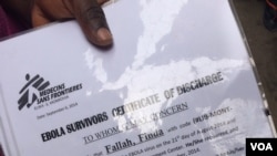 Without an official certificate, it is hard for Ebola survivors to become eligible for support. Some people who are not survivors present fake documents. This is survivor Finda Fallah's document. (Benno Muchler/VOA)