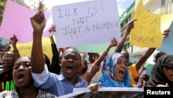 University students join a demonstration condemning the gunmen attack at the Garissa University campus, in the Kenyan coastal port city of Mombasa, April 8, 2015.