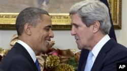 President Barack Obama (L) shakes hands with Sen. John Kerry as he announces his nomination of Kerry as the next secretary of state, in the Roosevelt Room of the White House in Washington, December 21, 2012.