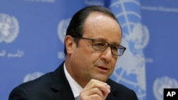 Presiden Perancis Francois Hollande di Markas Besar PBB, New York (AP Photo/Seth Wenig).
