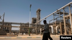 FILE - A man walks past the Mahshahr petrochemical plant in Khuzestan province, 1,032 km (641 miles) southwest of Tehran, Sept. 28, 2011.