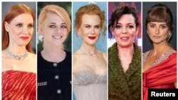 Para peraih nominasi Oscar untuk Aktris Terbaik 2022. Dari kiri: Jessica Chastain, Kristen Stewart, Nicole Kidman, Olivia Colman dan Penelope Cruz. (REUTERS/Yara Nardi/Mario Anzuoni/Henry Nicholls/Jeenah Moon/Files)