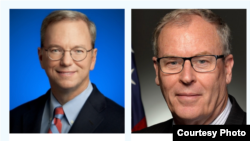 谷歌前首席执行官埃里克·施密特（Eric Schmidt ）（左）和美国前副国防部长沃克(Robert Work)是国家人工智能安全委员会的正副主席