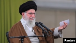 Iran's supreme leader, Ayatollah Ali Khamenei, speaks during a meeting with teachers in Tehran on May 1, 2024. Khamenei criticized some Arab countries' efforts to normalize relations with Israel. (Photo courtesy of the Office of the Iranian Supreme Leader via Reuters)