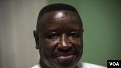 Sierra Leone People's Party presidential candidate Julius Maada Bio is pictured after speaking to reporters in his party's headquarters in Freetown's Goderich neighborhood, March 7, 2018. (J. Patinkin/VOA)