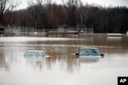 Two cars are submerged in floodwater in a park in Kimmswick, Mo., Dec. 28, 2015.