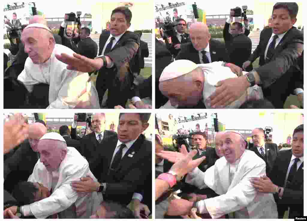 Pope Francis is pulled towards the crowd, over a child in a wheelchair, during a visit to a stadium in Morelia, Mexico, Feb.16, 2016 in a combination of still image from pool video. Pope Francis, who is usually calm and accommodating with his admirers, clearly lost his temper with a person who pulled on him so hard that he fell onto a child on a wheel chair. Aides and security men stopped the pope from falling to the ground. After he returned to an upright position, he looked at the person, raised his voice and said twice in Spanish: "Don't be selfish!".