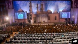 Pope Francis delivers his speech at an International peace conference, in Cairo, Egypt, April 28, 2017.
