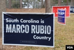 Campaign signs stand near a polling site at the Brockman School in Columbia, S.C., Feb. 20, 2016 (B. Allen/VOA)