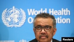 Director-General of the WHO Tedros Adhanom Ghebreyesus, attends a news conference on the coronavirus in Geneva, Feb. 24, 2020. 