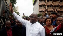 Felix Tshisekedi, leader of the Congolese main opposition party, the Union for Democracy and Social Progress (UDPS) who was announced as the winner of the presidential elections gestures to his supporters in Kinshasa, Democratic Republic of Congo, Jan. 10