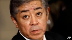 Japan's Defense Minister Takeshi Iwaya answers a reporter's question during a meeting with Acting Defense Secretary Patrick Shanahan at the Pentagon, April 19, 2019, in Washington. 