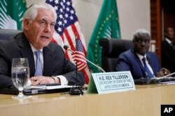 U.S. Secretary of State Rex Tillerson holds a news conference with African Union (AU) Commission Chairman Moussa Faki, of Chad, after their meeting at African Union headquarters, March 8, 201,8 in Addis Ababa, Ethiopia.