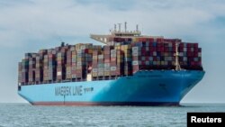 FILE - Container vessel Maersk Hangzhou sails in the Wielingen channel, Westerschelde, Netherlands July 15, 2018. 