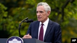 FILE - White House coronavirus adviser Dr. Scott Atlas speaks during an event with President Donald Trump about coronavirus testing in the Rose Garden of the White House, Sept. 28, 2020, in Washington..