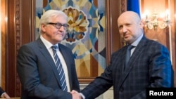 Presiden sementara Ukraina Oleksander Turchinov (kanan) berjabat tangan dengan Menlu Jerman Frank-Walter Steinmeier (kiri) dalam pertemuan di Kyiv (13/5).