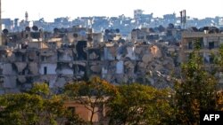 A general view shows destruction in Aleppo's rebel-held Bustan al-Basha neighborhood on Oct. 6, 2016.