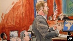 In this courtroom sketch, Assistant U.S. Attorney Nicholas Lewin, foreground, gives his opening statement to the jury in the trial of Ahmed Khalfan Ghailani, left, as lead defense attorney Steve Zissou, third from left, and Judge Lewin Kaplan, right, look