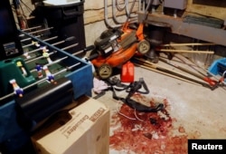 Blood is seen in the storage room of the Quebec Islamic Cultural Centre in Quebec City, Jan. 31, 2017.