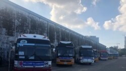 រថយន្តដែលត្រៀមចាំដឹកអ្នកដំណើរនៅព្រឹកថ្ងៃអាទិត្យនេះ។ (ស៊ុន ណារិន/VOA)