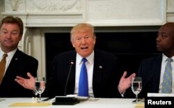 FILE - Seated between Senators Dean Heller of Nevada, left, and Tim Scott of South Carolina, President Donald Trump meets with Senate Republicans to discuss health care legislation at the White House in Washington, July 19, 2017.