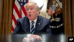 En la foto el presidente Donald Trump habla a los medios de comunicación mientras se reúne con miembros del Congreso en la Sala del Gabinete de la Casa Blanca, el martes 17 de julio de 2018 en Washington.