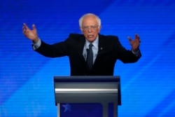 Democratic presidential candidate Bernie Sanders speaks during a Democratic presidential primary debate at Saint Anselm College in Manchester, New Hampshire, Feb. 7, 2020.