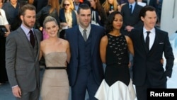 Cast members of "Star Trek Into Darkness", from left: Chris Pine, Alice Eve, Zachary Quinto, Zoe Saldana and Benedict Cumberbatch, in Leicester Square, London May 2, 2013.