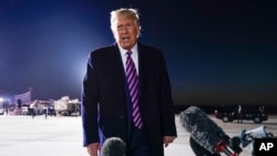 President Donald Trump speaks about the death of Supreme Court Justice Ruth Bader Ginsburg after a campaign rally at Bemidji Regional Airport, in Bemidji, Minnesota, Sept. 18, 2020.