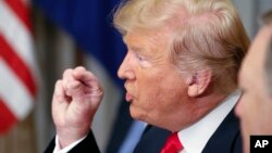 U.S. President Donald Trump gestures while speaking to NATO Secretary General Jens Stoltenberg during their bilateral breakfast, Wednesday, July 11, 2018 in Brussels, Belgium.