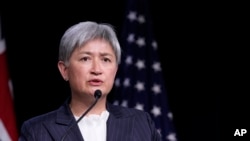 FILE - Australia's Foreign Minister Penny Wong speaks during a news conference at the United States Naval Academy in Annapolis, Maryland, Aug. 6, 2024. 