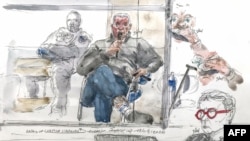 This court sketch created on Sept. 17, 2024, shows defendant Dominique Pelicot during his trial, in which he is accused of drugging his wife so he and scores of strangers could rape her at their home in Mazan, a town in the south of France, at the courthouse in Avignon, France.