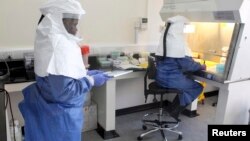 FILE - Doctors work in a laboratory on collected samples of the Ebola virus at the Center for Disease Control in Entebbe.