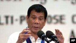 FILE - Philippine President Rodrigo Duterte speaks Aug. 17, 2016.