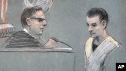 Bosquejo del miembro de la Guardia Nacional Aérea de Massachusetts Jack Teixeira (d) en el tribunal en Boston el 14 de abril de 2023.